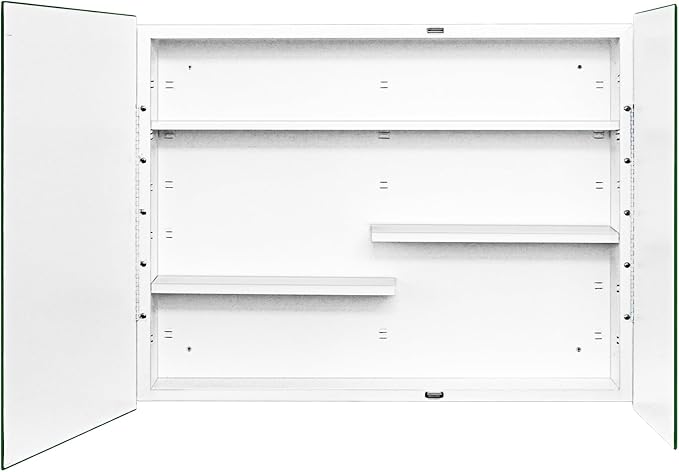 White Metal Double Door Medicine Cabinet 30 x 24 Beveled Mirror, Wall Mount | Double Door Metal Mirror Cabinet with Adjustable Staggered Shelves, Piano Hinge, Fully Assembled, Recessed / Surface Mounting