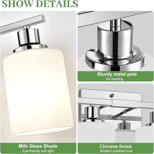 MOKATNG 4-Light Vanity Light with Milky White Shades, Chrome Bathroom Lighting Fixtures Over Mirror, Modern Bathroom Wall Lamp for Mirror Living Room Cabinet Bedroom