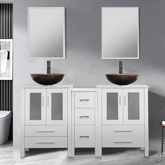 UEV 60" White Bathroom Vanity, Cabinet with Double Sink, 3 Drawers, Modern Design, Vessel Sink Combo & Mirror (UEVA0960WH)