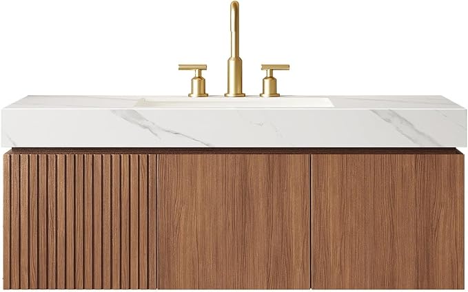 KEIKI 48 Inch Floating Bathroom Vanity with Sink, Brown Oak & White | Modern Wall Mounted Storage Cabinet w/ Drawer & Door, Pre-assembled Wood Panels, Sintered Stone Top & Ceramic Basin Combo Set