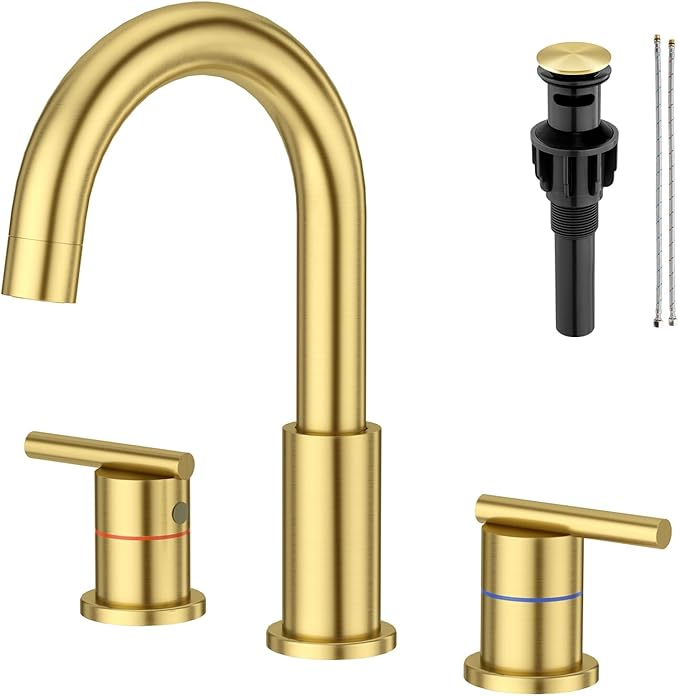 Faustina Gold Faucet Bathroom,Brushed Gold Bathroom Faucets 3 Hole,8 Inch Widespread Bathroom Faucet,4 Inch 12 Inch Bathroom Faucet with Drain Assembly,2-Handle Stainless Steel(Supply Line)