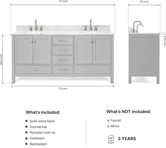 ARIEL Cambridge 72-inch Bathroom Vanity with Sink,Solid Wood, 0.75-inch Italian Carrara Marble Countertop & Backsplash, Double Oval Porcelain Sink, 4 Soft Closing Doors, 6 Dovetail Drawers, Grey