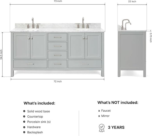 ARIEL Cambridge 72-inch Bathroom Vanity with Sink,Solid Wood, 0.75-inch Italian Carrara Marble Countertop & Backsplash, Double Oval Porcelain Sink, 4 Soft Closing Doors, 6 Dovetail Drawers, Grey