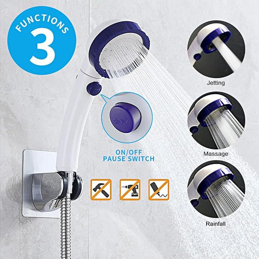 RV & Camper High Pressure Handheld Shower Head with Pause Button | 3 Spray Modes with ON/OFF Switch, Detachable Dog Shower Attachment, Pet Shower Wand with Bracket & Hose, White & Blue
