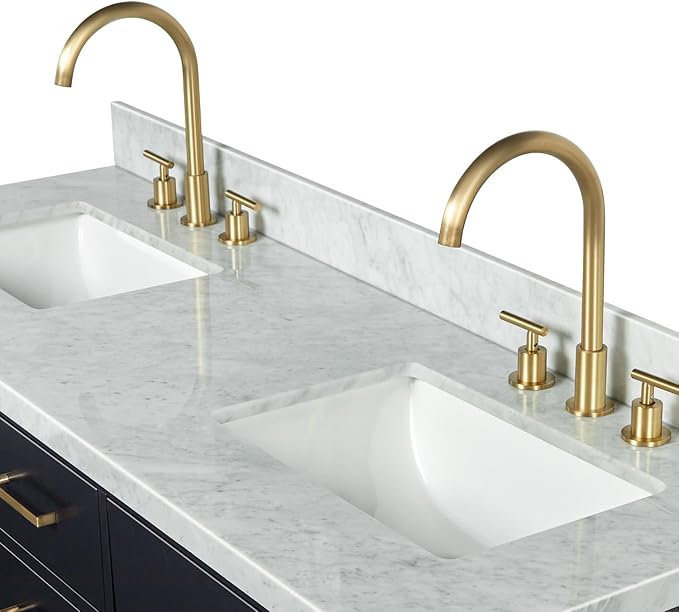 ARIEL Hepburn 72-inch Bathroom Vanity with Sink,Solid Wood, 1.5-inch Italian Carrara Marble Countertop, Double Rectangular Porcelain Sink, 4 Soft Closing Doors, 6 Dovetail Drawers, Black