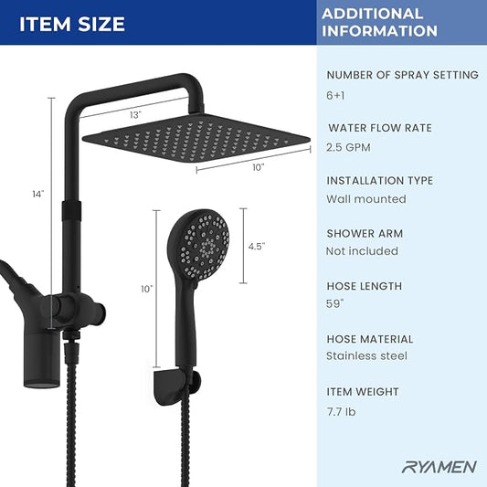 Upgraded Dual Shower Heads Combo, 10 inch Filtered Shower Head with Handheld, 3-Way Rain Shower Head with Filters, 7 Settings Handheld Spray, High Pressure, Height Adjustable (Black)