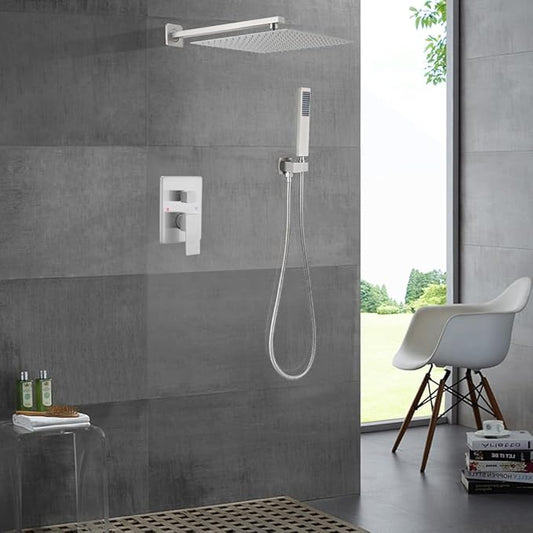 Brushed Nickel Shower System 12 Inch Bathroom Luxury Rain Mixer Shower Combo Set Wall Mounted Rainfall Shower Head and Handheld System Shower Faucet Set Rough-in Valve Body and Trim Kit