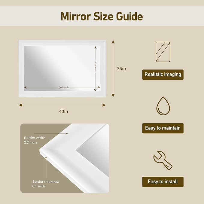 CULER White Bathroom Mirrors for Wall 26 x 40 Inch,Vanity Rustic Mirror | Hanging Tempered Glass Mirror for Bedroom Living Room or Entryway