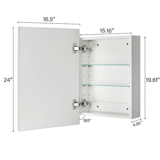 TEHOME 16.5'' x 24'' Polished Nickel Recessed and Surface Mount Bathroom Medicine Cabinet with Mirror Square Cornered Metal Framed Rounded Rectangle Medicine Cabinet Mirror
