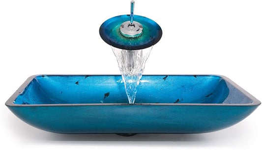 Kraus Irruption Blue Rectangular Glass Vessel Bathroom Sink with PU Satin Nickel