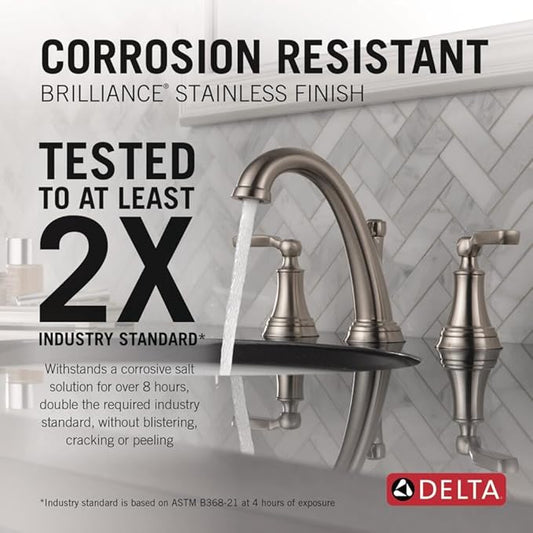Delta Woodhurst Brushed Nickel Bathroom Faucet 3 Hole, 8 Inch Widespread Bathroom Sink Faucet for Vanity, Metal Push-Pop Drain Assembly, Stainless 3532LF-SS