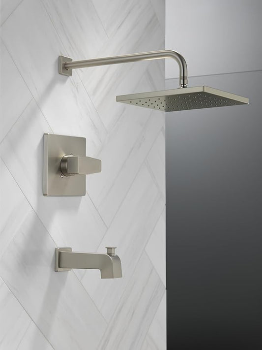 Delta Faucet Modern Raincan Square Single-Function Tub and Shower Trim Kit Brushed Nickel, Tub Faucet Set, Rainfall Shower Head, Spotshield Stainless T14468-SP-PP (Valve Not Included)