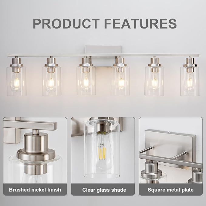 6 Light Bathroom Light Fixtures Brushed Nickel Vanity Light Over Mirror Modern Farmhouse Wall Lighting Sconces Wall Lamp for Bathroom, Bedroom, Living Room E26 Socket with Glass Shade