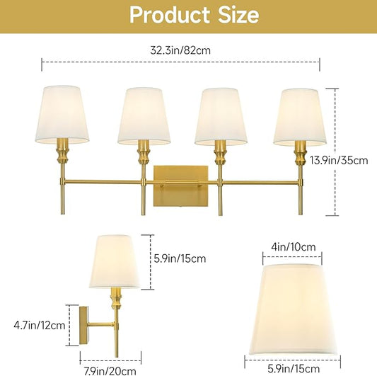 Bathroom Lights Over Mirror, 32.3 in 4-Light Bathroom Vanity Light, Brass Bathrooms Light Fixtures with Flared White Fabric Lampshade for Bedroom,Living Room,Dressing Table,Hardwired,E12 Base