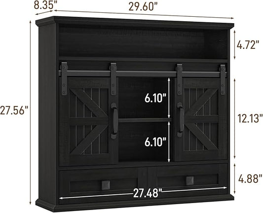 Vabches Bathroom Wall Cabinet, Farmhouse Medicine Cabinet with Double Sliding Barn Door and Storage Drawer, Wooden Vintage Storage Cabinet Wall Mounted for Bathroom, Kitchen, Rustic Black