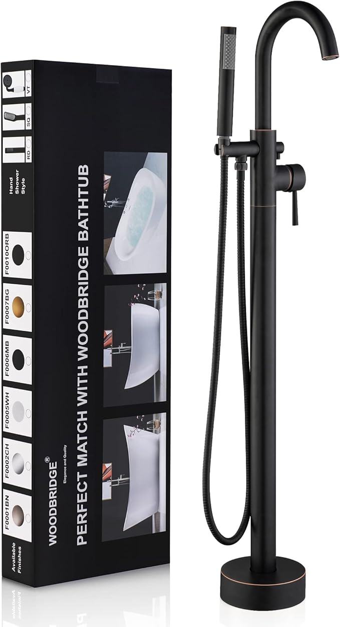 WOODBRIDGE Contemporary Single Handle Floor Mount Freestanding Tub Filler Faucet with Hand shower in Oil Rubbed Bronze Finish, F0010ORBRD