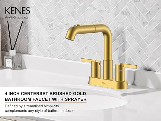 Pull Down Centerset Bathroom Faucet Brushed Gold 2 Handle 3 Hole | Pull Out Bathroom Faucet with Pop Up Drain & Supply Lines, Lead-Free cUPC & NSF Certified, 4 Inch Faucet for Vanity RV Sink
