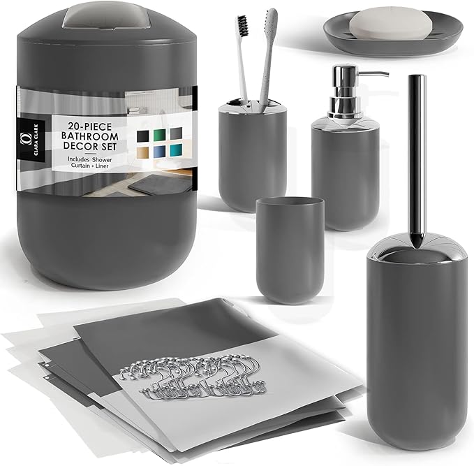 Clara Clark Bathroom Set - Gray Bathroom Accessories Set, 20PC Bathroom Accessory Set, Shower Curtain Set with Liner, Toothbrush Holder, Soap Dispenser, Soap Dish, Toilet Brush Holder, and Trash Can