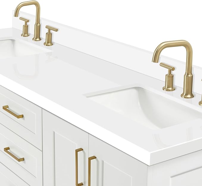 Emilia 66-Inch White Double Bathroom Vanity, 1.5-Inch Edge Pure White Quartz Countertop & Splash, Rectangular Sinks, 4 Soft Closing Doors, 6 Dovetail Drawers, Toe Kick, Satin Brass Hardware