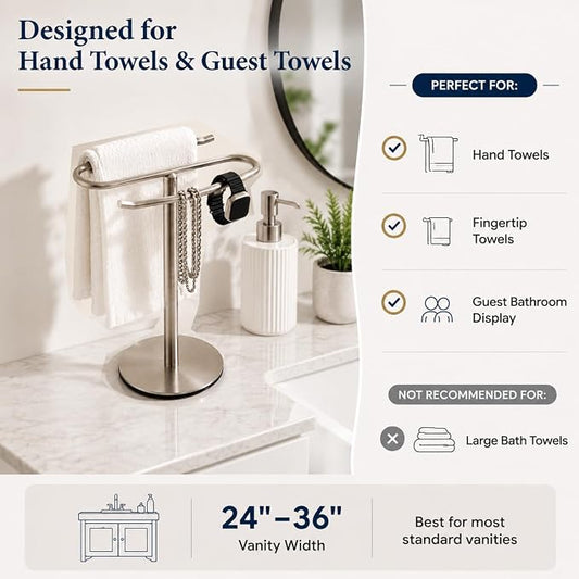 Brushed Nickel Hand Towel Holder Stand,13 Inch Tall Free-Standing Towel Rack, SUS304 Stainless Steel Towel Bar Rack Stand, Tower Bar for Bathroom Kitchen Vanity Countertop…