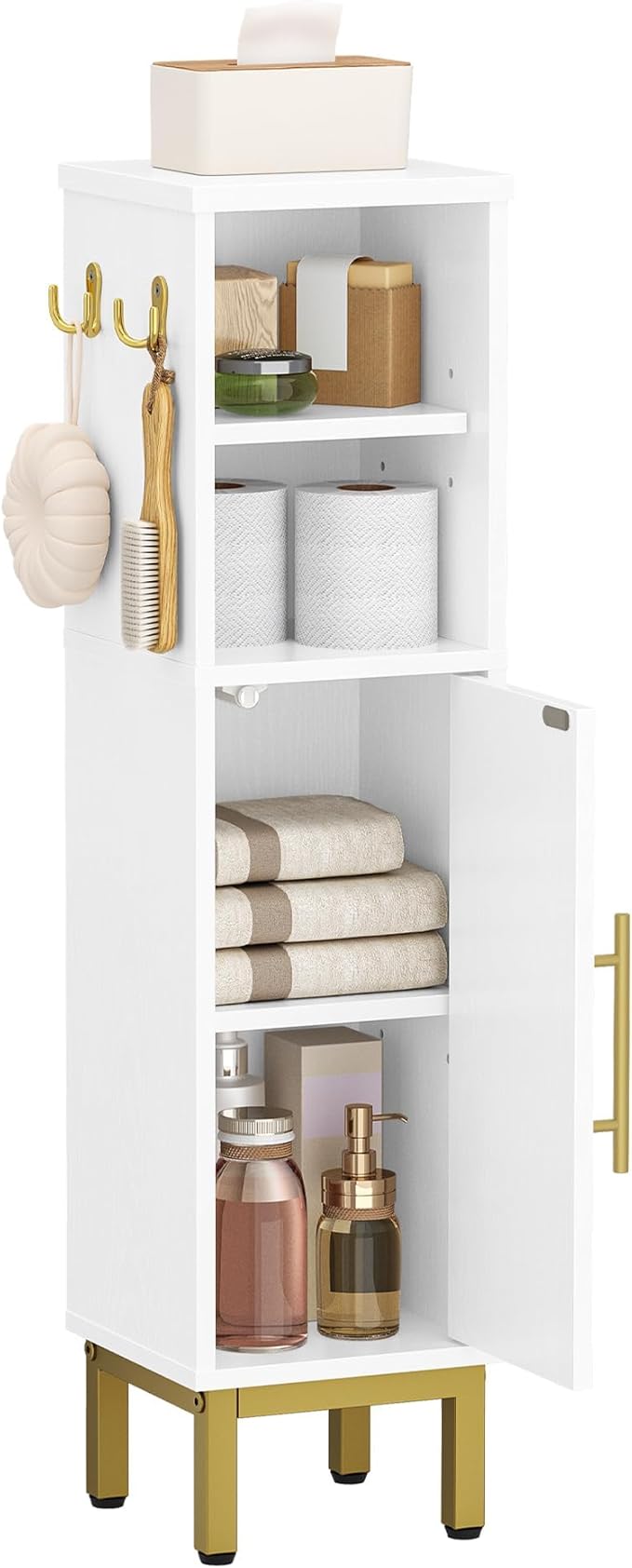 Bathroom Storage Cabinet, Corner Floor Cabinet with Door & Shelves, 2Hooks, Small Narrow Storage Organizer, Toilet Paper Cabinets for Small Space, White SC16313G