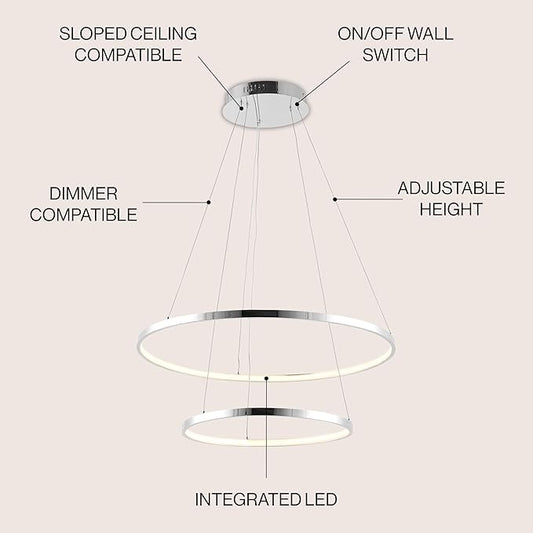 JONATHAN Y 15.75" Chrome 2-Light Modern Integrated LED Pendant Light, Dimmable Round Hoop Chandelier for Kitchen Island, Dining Room, Adjustable Height Metal Hanging Light (JYL7204C)