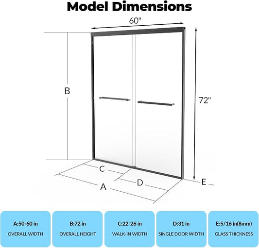 Sliding Shower Door 50-60" Adjustable Width x 72" Height, Bypass Space-Saving Design, Dual 8mm (5/16") Tempered Glass Panels with Matte Black Aluminum Alloy Frame, Easy Installation
