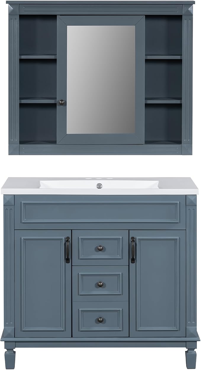 36" Bathroom Vanity with Top Sink, Mirror Cabinet, Modern Bathroom Storage Cabinet with 2 Soft Closing Doors and 2 Drawers, Single Sink Bathroom Vanity