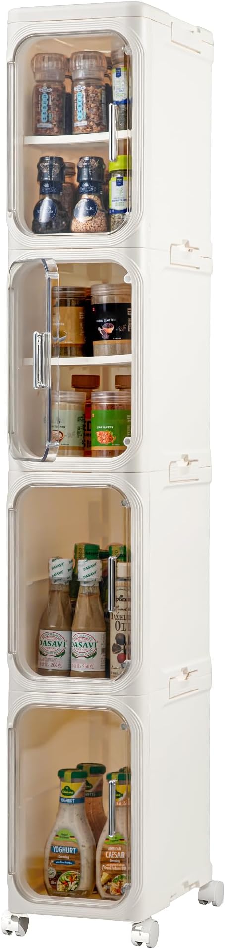 4-Tier Narrow Storage Cabinet Slim Bathroom Tall Skinny Organizer,Beige | Foldable Storage Cabinet with Lockable Rolling Wheels Magnetic Clear Door Adjustable Detachable Shelves For Narrow Space