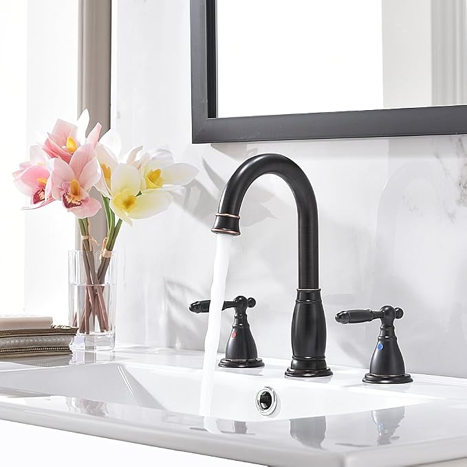 2-Handle 8 Inch 3 Hole Oil Rubbed Bronze Widespread Bathroom Faucets, with Valve and Metal Pop-Up Drain, WF017-4-ORB