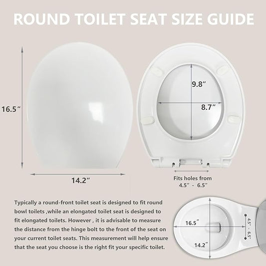 Heavy-Duty Premium Round Toilet Seat, Soft Close Quiet & Slow, Metal Hinges with Quick-Attach Hardware, Durable, Easy to Clean, Fits Standard Round Toilets (16.5″), White