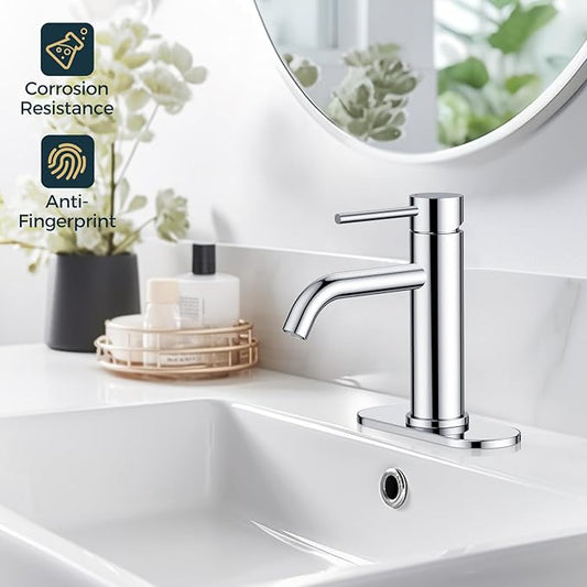 FORIOUS Single Hole Bathroom Faucets 1 Handle, Chrome Bathroom Sink Faucet with Metal Pop up Drain and Supply Hose, Suitable for Vanity Lavatory Restroom Remodel