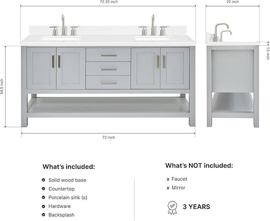 ARIEL Magnolia 72-inch Bathroom Vanity with Sink,Solid Wood, 1.5-inch Carrara White Quartz Countertop & Backsplash, Double Rectangular Porcelain Sink, 4 Soft Closing Doors, 3 Dovetail Drawers, Grey