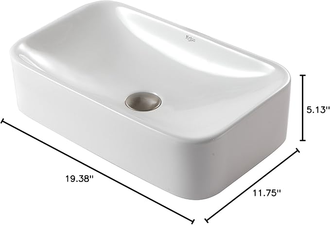 Kraus KCV-122-SN Ceramic Above counter Rectangular Bathroom Sink, 19.44 x 11.84 x 5 inches, Satin Nickel/White