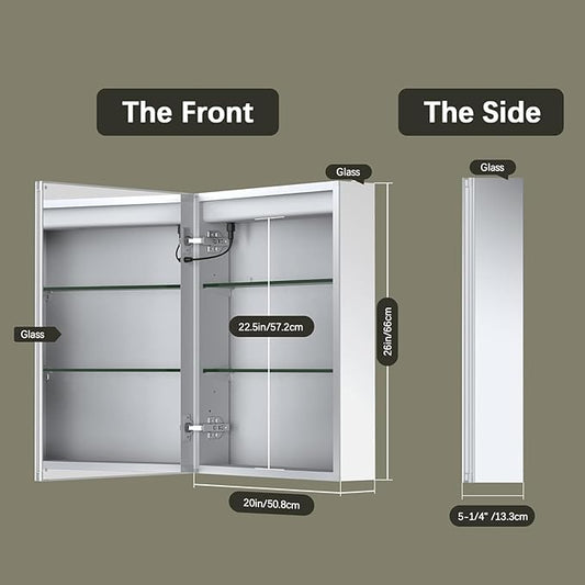 20x26 Inch Bathroom Medicine Cabinet with Mirror, Lighted Bathroom Mirror Cabinet, Recessed/Surface Mount Medicine Cabinet with Socket & USB, Anti-Fog, 3 Colors Temperature, Dimmable Light