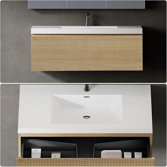 42" Bathroom Vanity with Sink, Floating Vanity with Resin Countertop & 1 U-Shaped Interiors, Wall-Mounted Bathroom Storage Cabinet with Soft-Close Drawers for Home, Easy to Clean, Wood