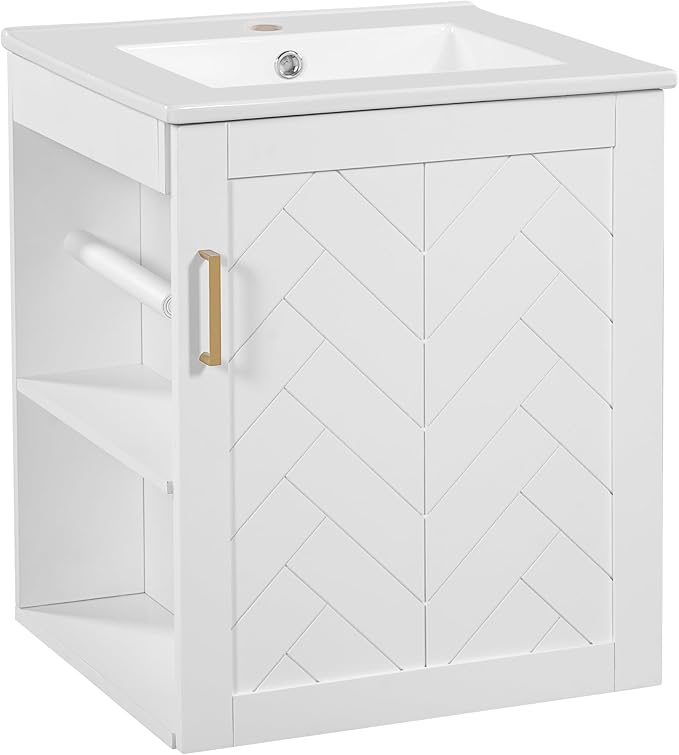Merax Herringbone Single Sink Bathroom Vanity, Floating 20" Modern Bathroom Vanity Cabinet with Side Storage, Toilet Paper Holder, Solid Wood Cleat Wall Mount