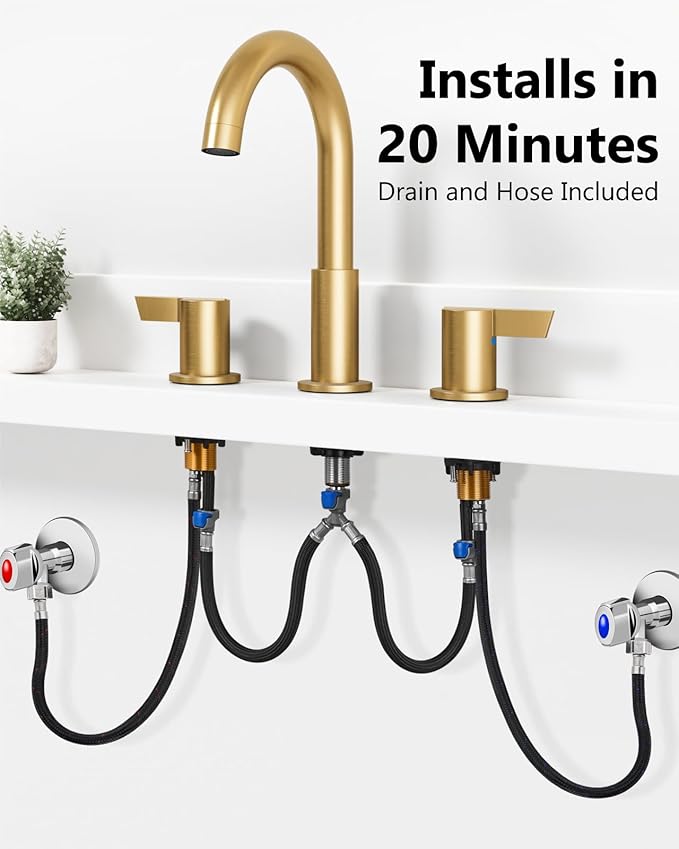Bathroom Sink Faucet 3 Hole 8 Inch Widespread 2-Handle Vanity Faucet SUS304 Stainless Steel with Pop-Up Drain and Supply Lines Brushed Gold