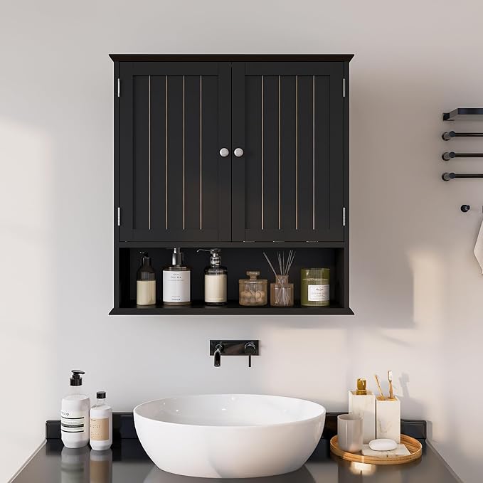 Wall Cabinet with 2 Doors & Open Shelf – Space Saving Medicine Cabinet, Wooden Wall Mounted Storage Cupboard for Bathroom Organization Black