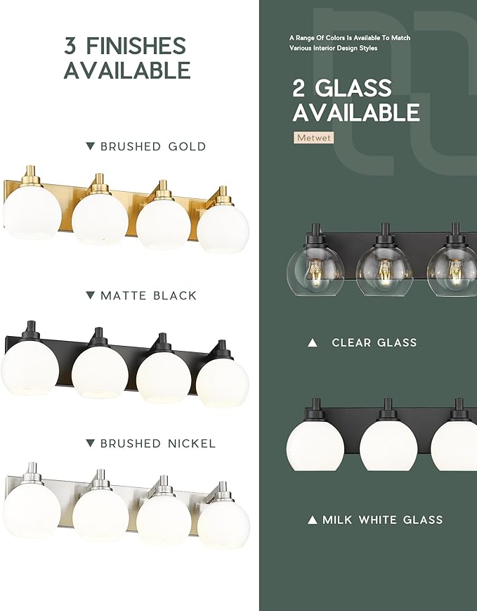 4-Light Matte Black Bathroom Vanity Light, Milk White Glass Globes | 26" modern bathroom light fixtures over mirror, E26 base, bulbs not included, VL195-MB-ML-4