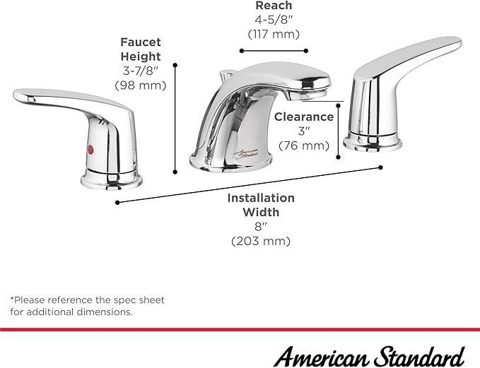 American Standard 7075800.002 Colony Pro 8 in. Widespread 2-Handle Low-Arc Bathroom Faucet with Pop-Up Drain Assembly, 1.2 GPM, Polished Chrome