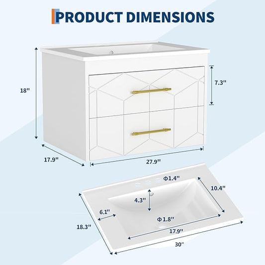Garvee 30" Bathroom Vanity with Sink, Floating Bathroom Vanity with Ceramic Basin, 2 Large Storage Drawers with Gold Metal Handle, Modern Wall Mounted Bathroom Cabinet with Sink, White