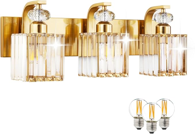 3-Light Bathroom Vanity Light Fixtures Over Mirror, Crystal Sconce | 20.5-inch Gold Modern Wall Light for Bedroom Vanity Living Room Hallway, Ceramic E26 Lamp sockets, Includes 3 LED Bulbs