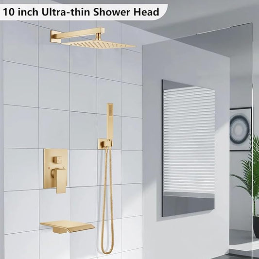 Midanya Rain Shower System with Tub Spout,10 Inch Brushed Gold | with Valve&Trim Kit,All Metal,Square Rainfall Head,Handheld Sprayer,Waterfall Spout,Wall Mount,Bathroom Shower Tub Faucet Set