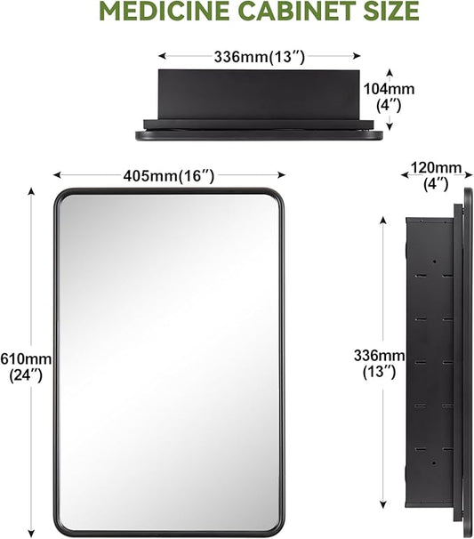 16 x 24 Black Bathroom Medicine Cabinet with Mirror Metal Frame Recessed Or Wall Mounted Single Door Storage Medicine Cabinets with Adjustable Shelves Rounded Corner Beveled Mirrors