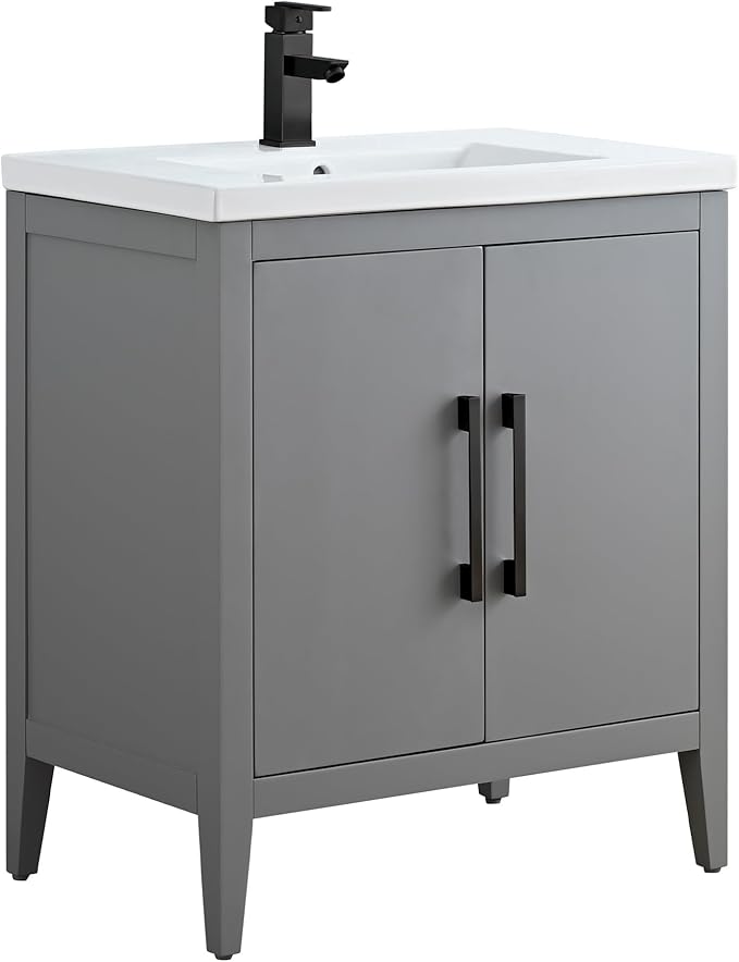 HomeBeyond 30 Inch Bathroom Vanity with Sink & Ceramic Top, Single Vanity Cabinet with Basin, Soft-Closing Doors & Matte Black Hardware, Grey