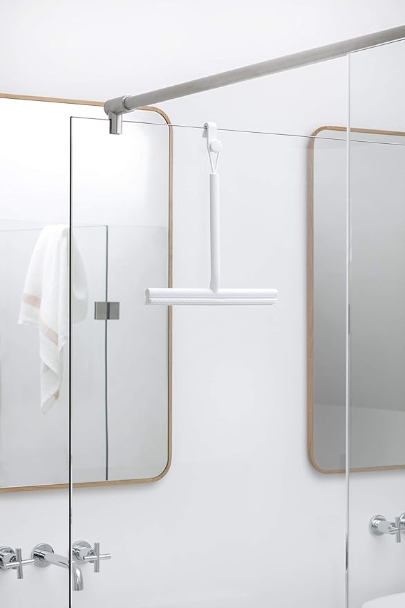 Brabantia Silicone Shower Squeegee with Hook (White) Anti Streak Cleaning Wiper for Bathroom Glass, Plastic, Tile - Doublesided Brush & Rim Design