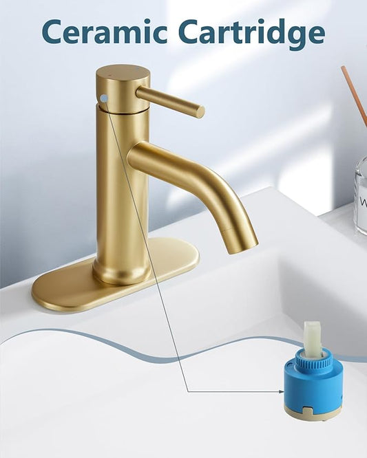 Aolemi Bathroom Faucet Single Hole,Single Handle Bathroom Sink Faucet with Supply Lines,with Pop Up Drain Assembly and Deck Plate,Brushed Gold