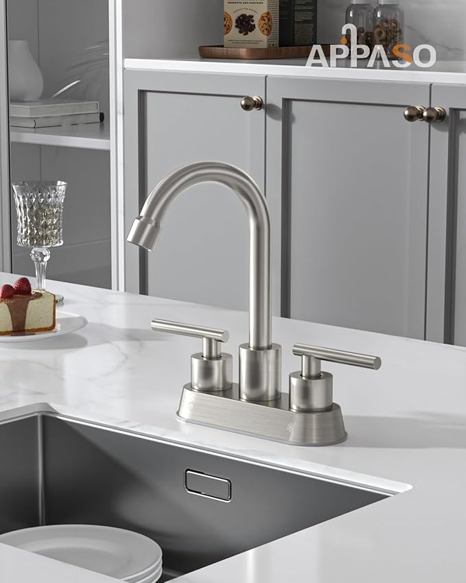 APPASO Bar Sink Faucet 4 Inch Centerset, 2 Hole Brushed Nickel with Dual Handles, 2 Handle Bathroom Faucet Small, Stainless Steel for Wet Bar Bathroom Utility Laundry Room Sink 2-Hole or 3 Holes