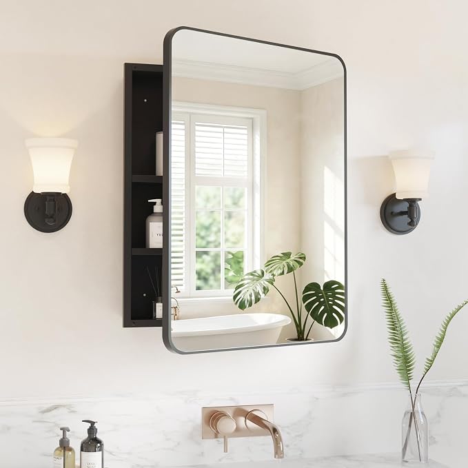 Medicine Cabinet Mirror 20x26 Inch, Black Bathroom Mirror Cabinet with Stepless Adjustable Shelves, Rounded Rectangle Metal Framed, Bathroom Mirror with Storage Recessed or Wall Mount